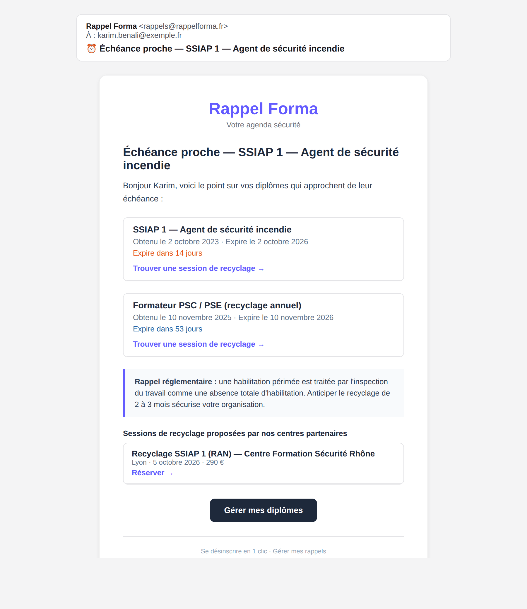 Email de rappel — Rappel Forma (aperçu simulé)