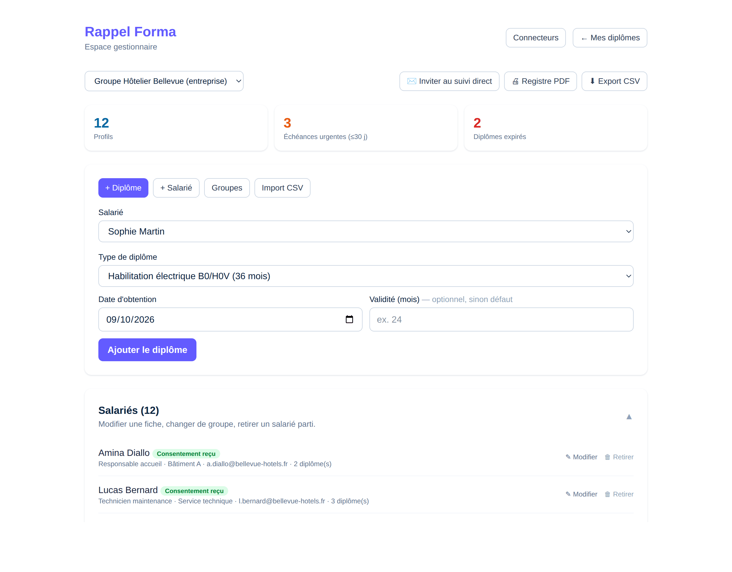 Espace équipe (gestionnaire) — Rappel Forma (aperçu simulé)
