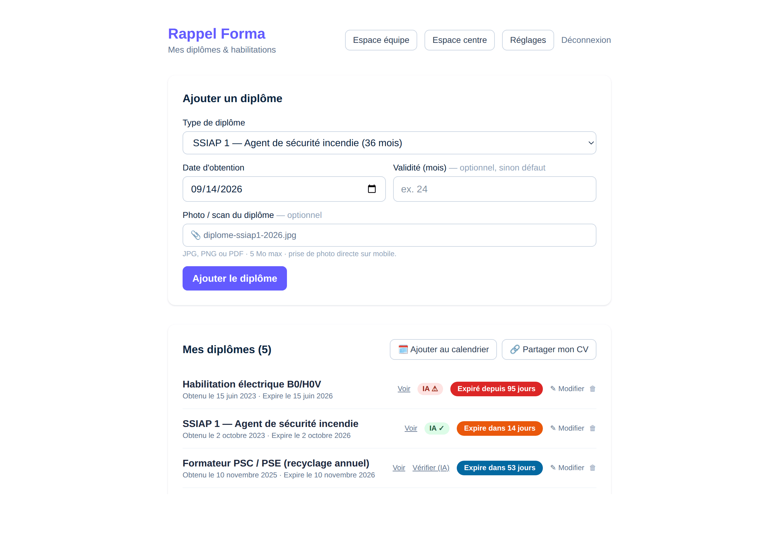Espace stagiaire / formateur — Rappel Forma (aperçu simulé)