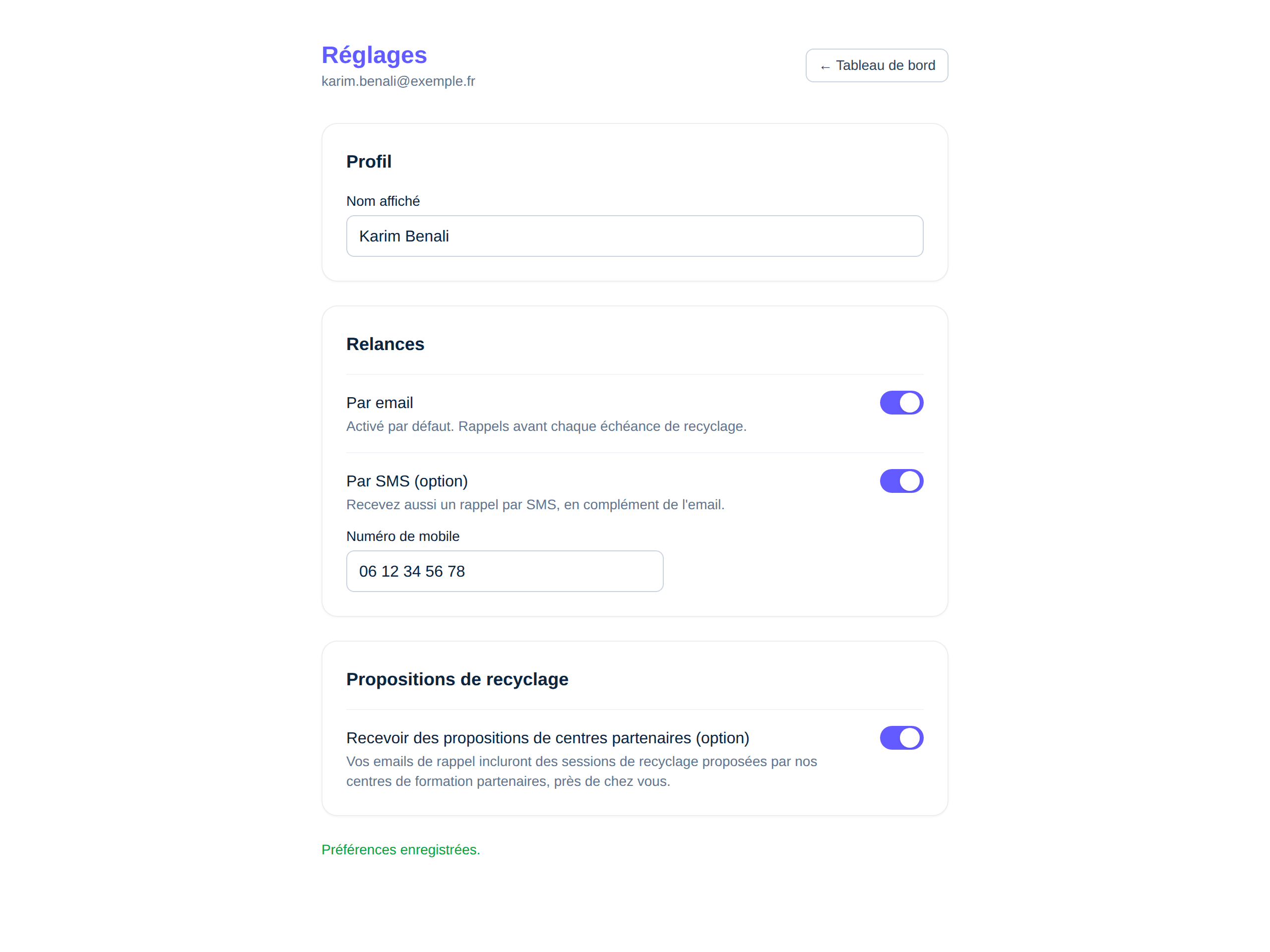 Réglages des rappels — Rappel Forma (aperçu simulé)